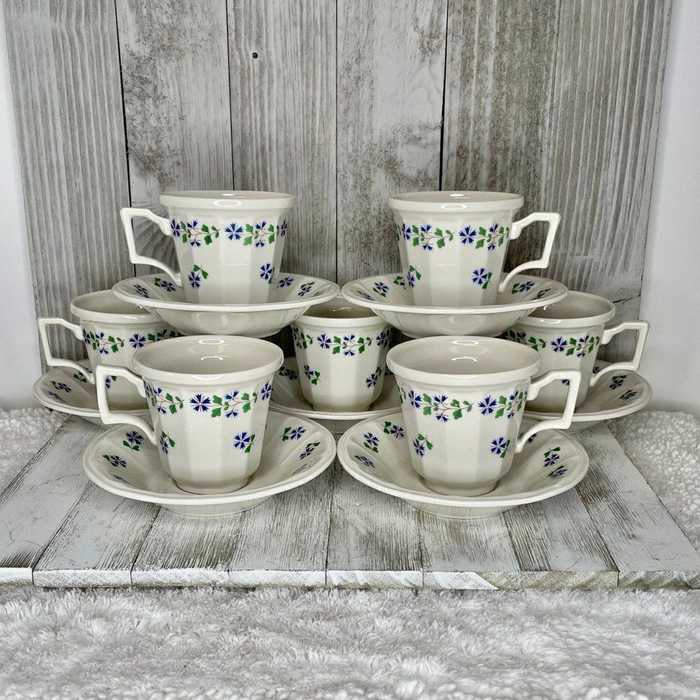 Vintage Henry Ford Museum Greenfield Village Periwinkle Cups & Saucers 7 Sets